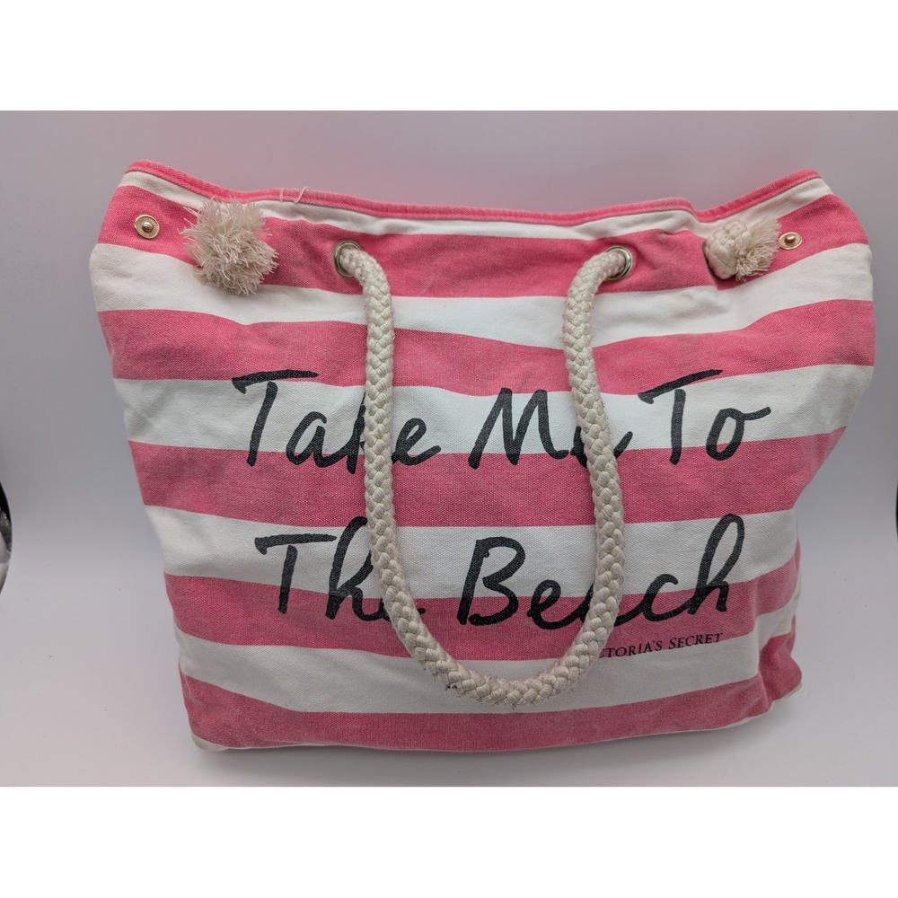 Victorias Secret Pink White Striped Take Me To The Beach Canvas Tote Rope Handle